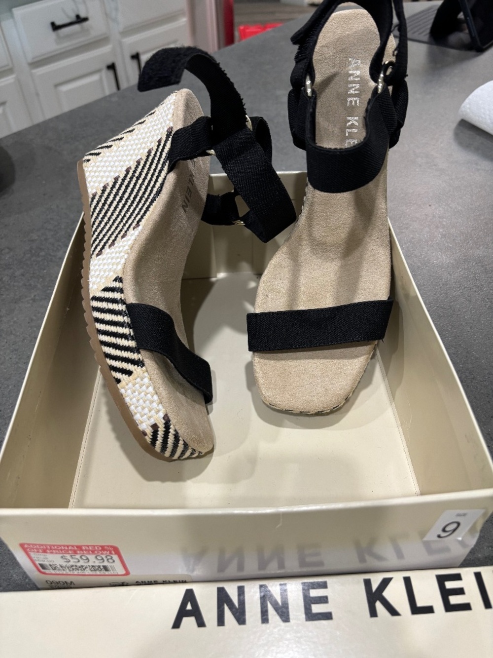 NEW: Anne Klein Black & Tan Geometric Woven Espadrille Wedge Sandals - Size 9